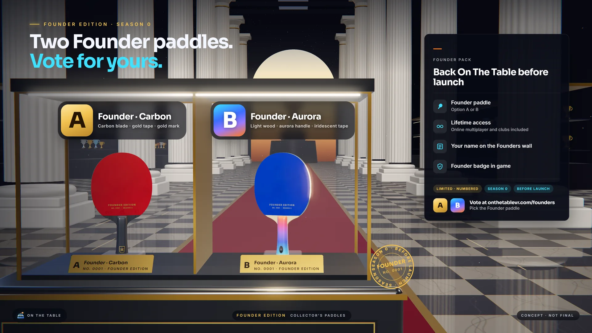 Concept art: the two Founder Edition paddles in a lit glass case in the arena's Hall of Champions. A, Founder · Carbon: red and black rubbers on a carbon blade with gold tape and a gold mark. B, Founder · Aurora: blue and black rubbers on light wood with an aurora handle and iridescent tape. Beside them, the Founder Pack's perks.