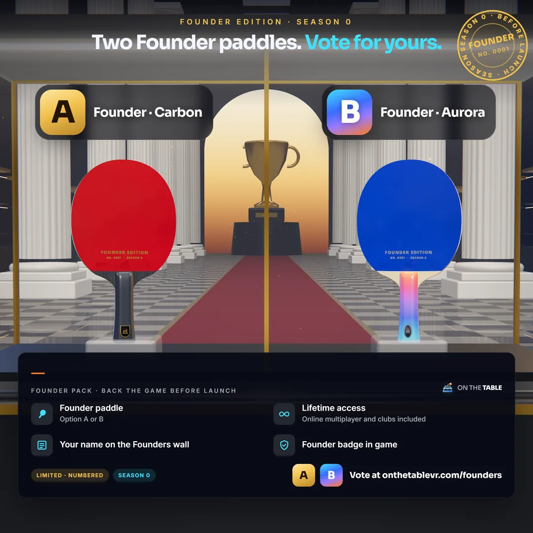 Concept art: the two Founder paddles side by side in the Hall of Champions, A, Founder · Carbon, and B, Founder · Aurora, over the Founder Pack's perks.