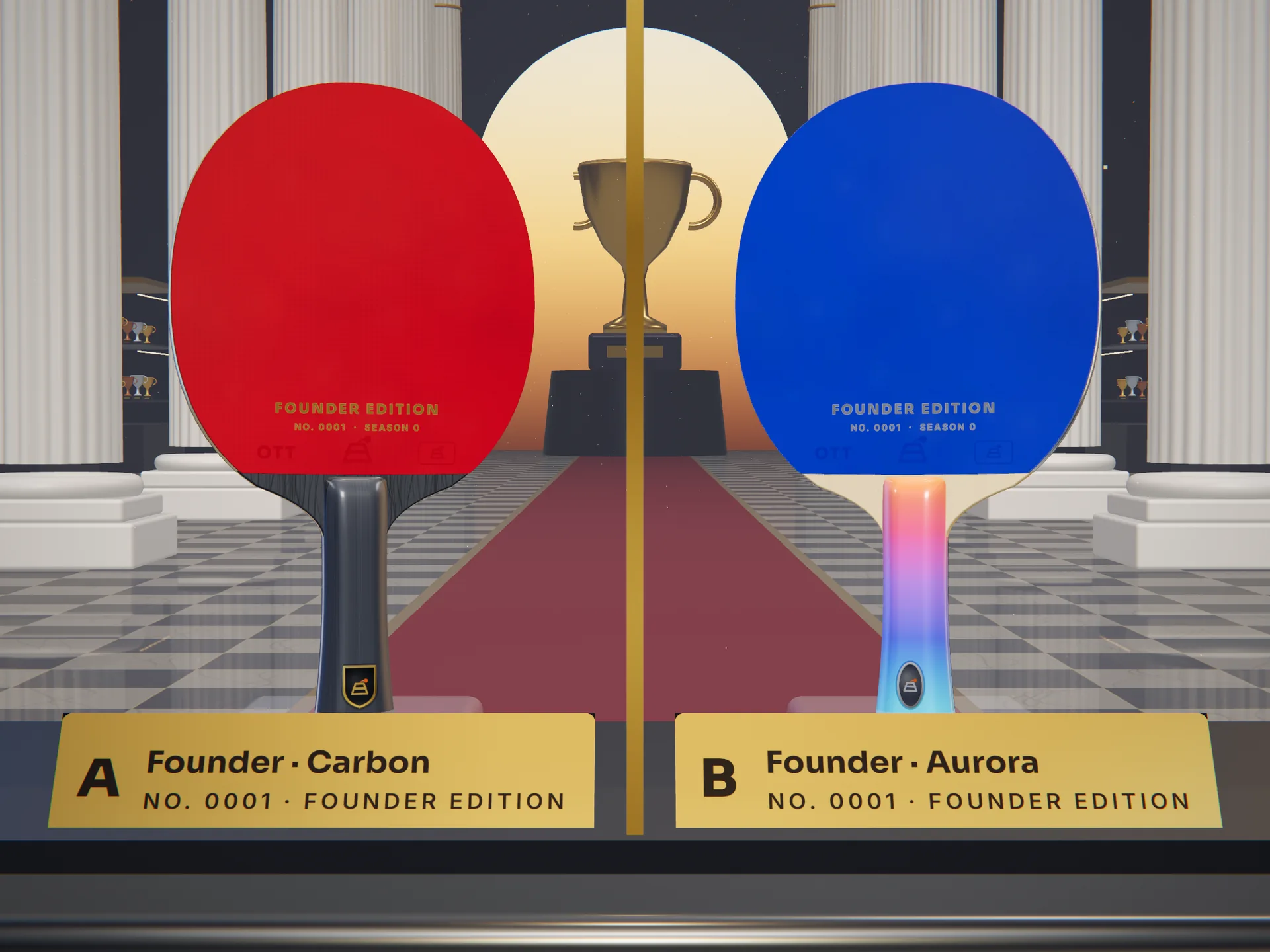 Concept art: the two Founder paddles side by side in their lit glass case. A, Founder · Carbon, red and black rubbers on a carbon blade with gold tape. B, Founder · Aurora, blue and black rubbers on light wood with an aurora handle.