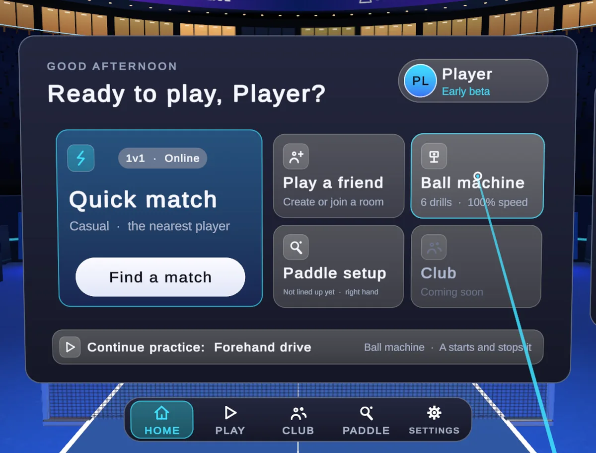 The home menu floating over the table: Quick match, Play a friend, Ball machine, Paddle setup and Club.